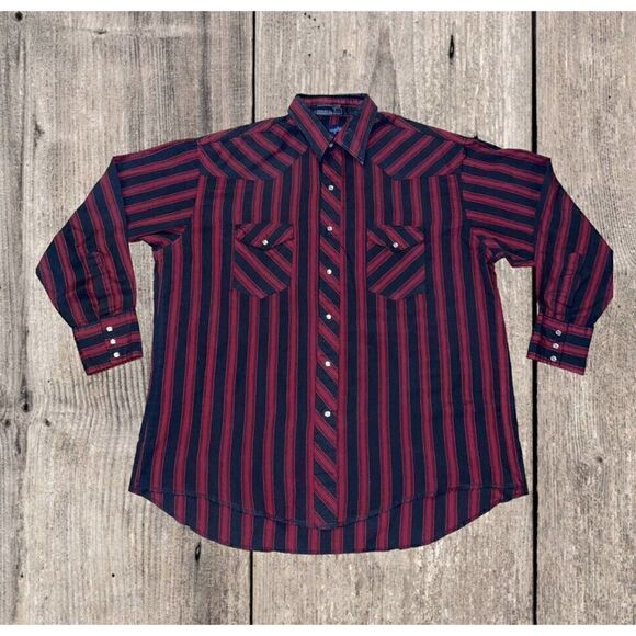 Wrangler Pearl Snap Shirt Men’s Size 17 1/2 - 34 Red Black Striped Western L/S - Picture 1 of 7